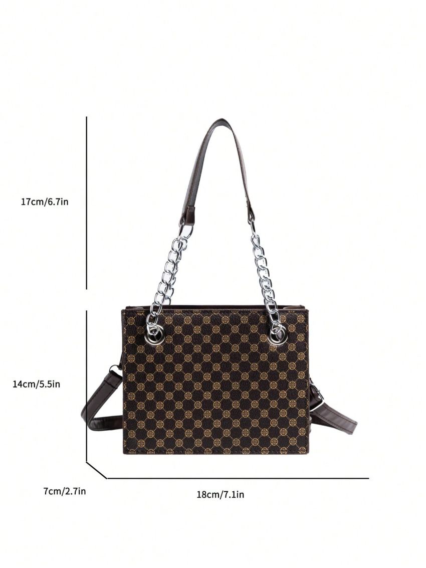 Mini All Over Print Square Bag Brown Elegant Chain Strap For Work