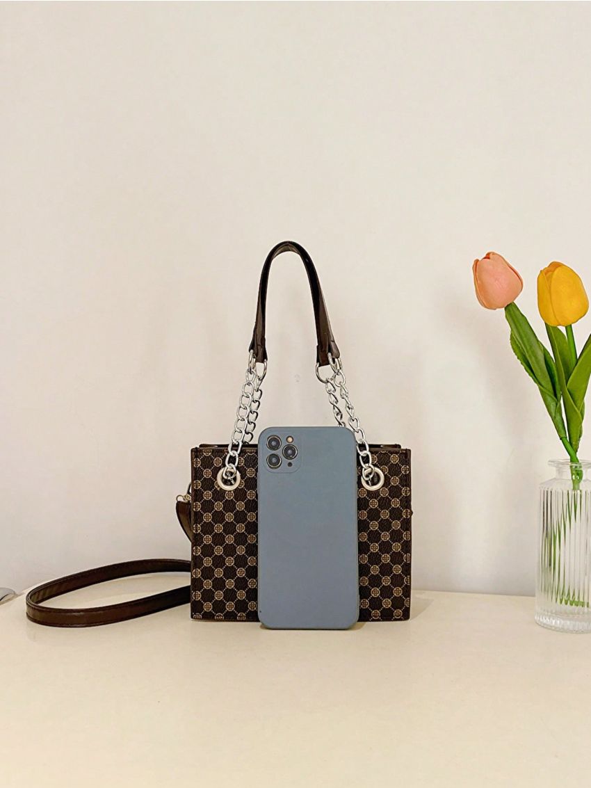 Mini All Over Print Square Bag Brown Elegant Chain Strap For Work