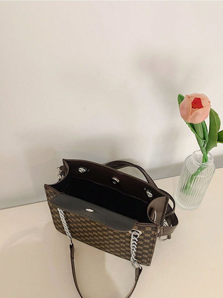 Mini All Over Print Square Bag Brown Elegant Chain Strap For Work