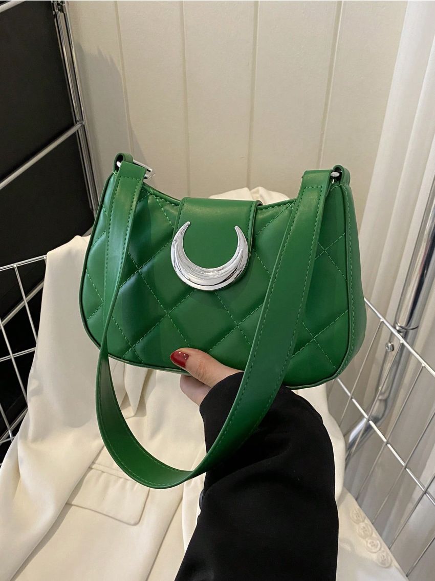 Quilted Detail Hobo Bag Moon Decor PU Fashionable