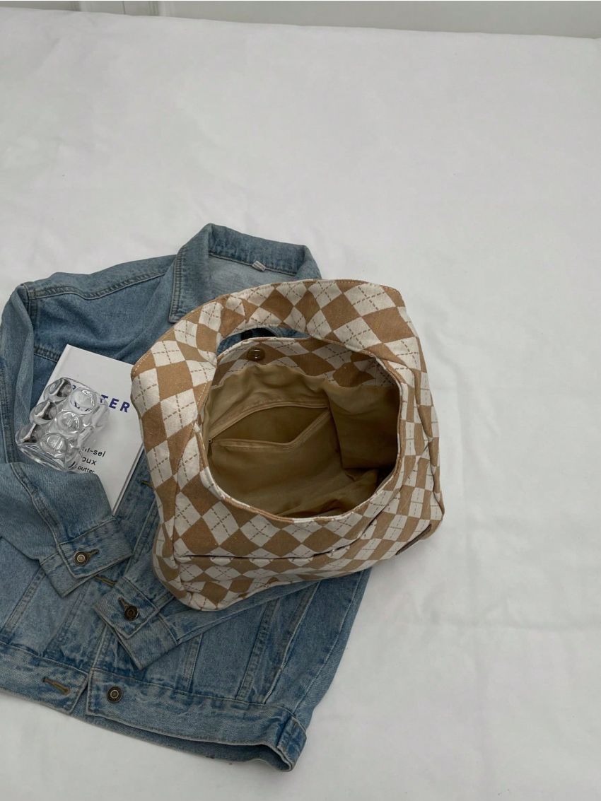 Casual Hobo Bag Rhombus Pattern Letter Patch Decor