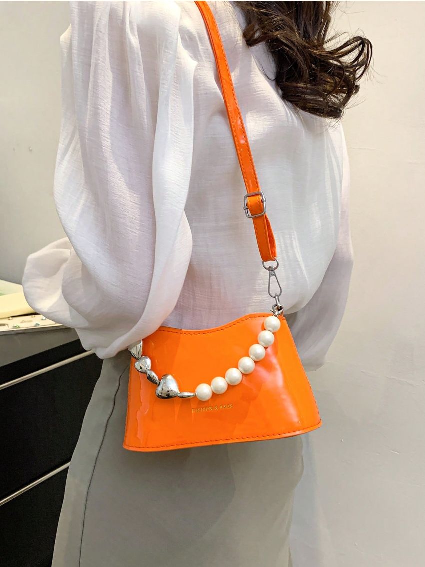 Mini Square Bag Heart & Faux Pearl Decor PU Funky