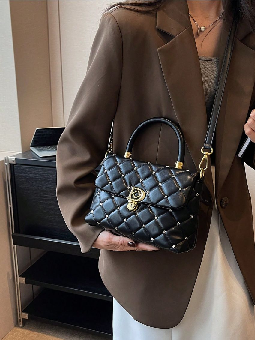 Small Square Bag Fashionable Argyle Quilted Star Decor Adjustable Strap