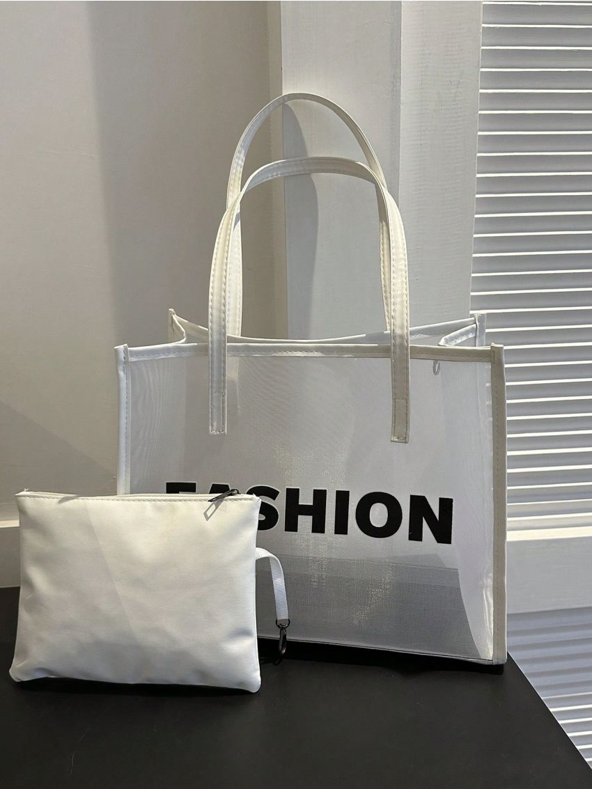 New Women's Mesh Print Letter Tote Bag With Inner Pouch