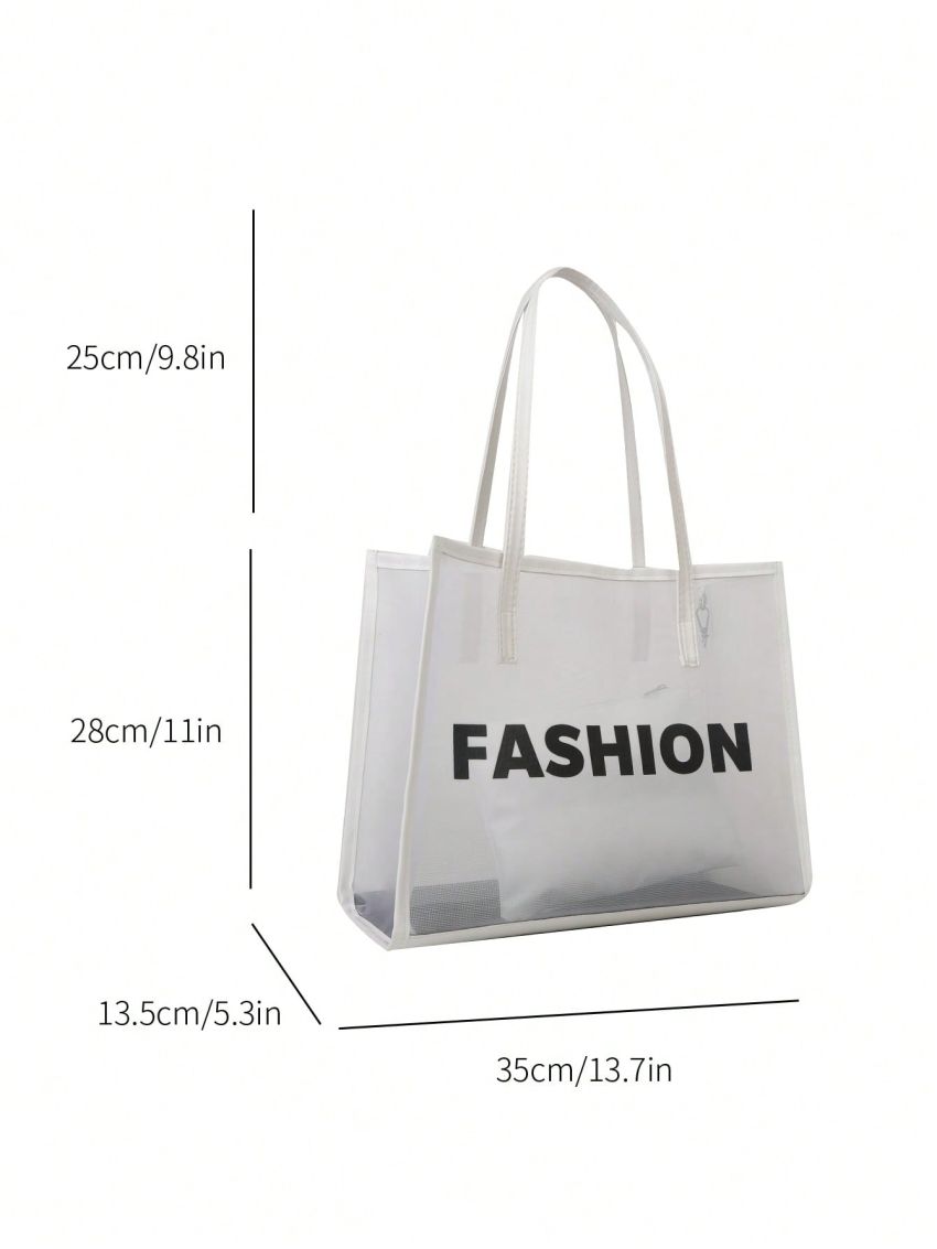 New Women's Mesh Print Letter Tote Bag With Inner Pouch