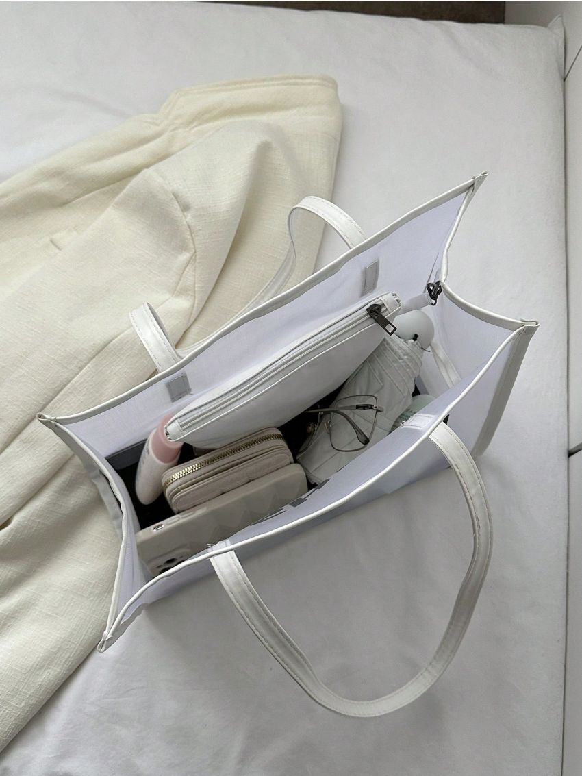 New Women's Mesh Print Letter Tote Bag With Inner Pouch