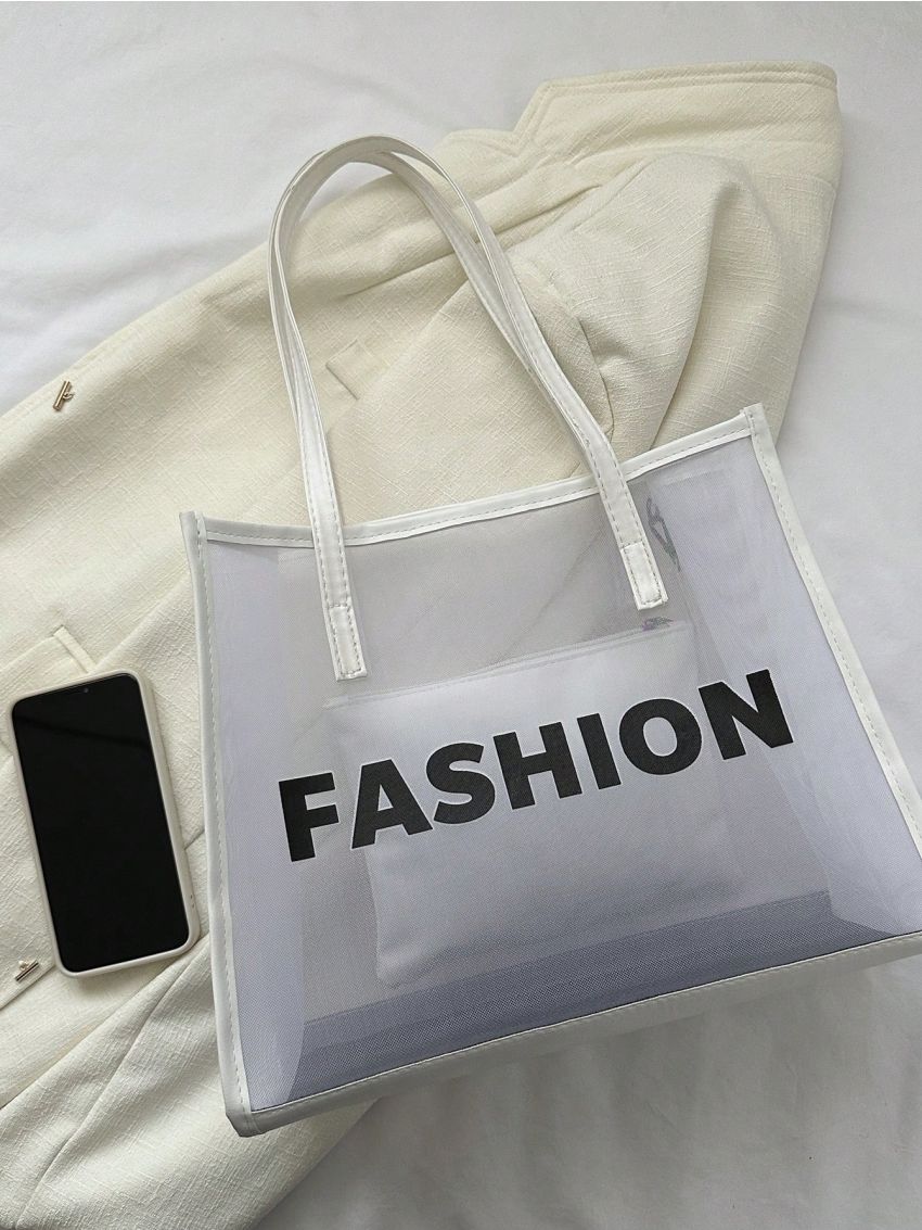 New Women's Mesh Print Letter Tote Bag With Inner Pouch