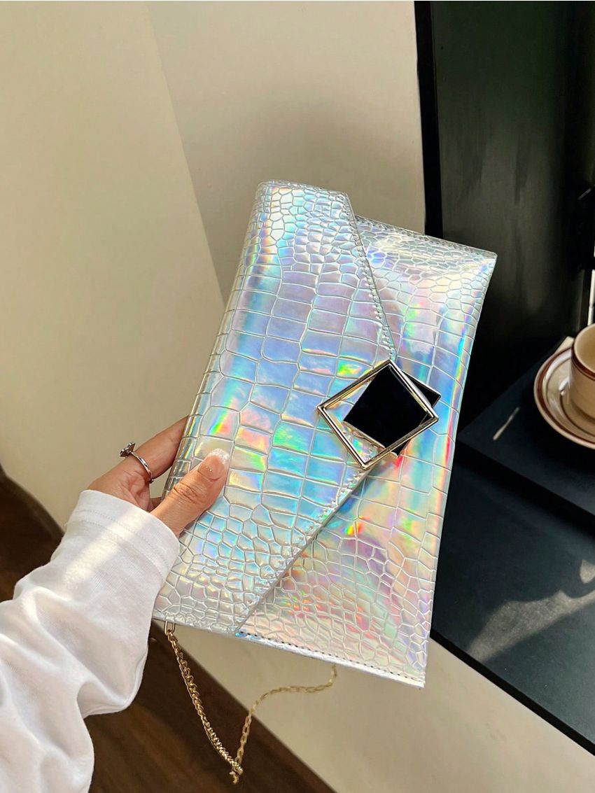 Crocodile Embossed Envelope Bag PU Holographic Funky