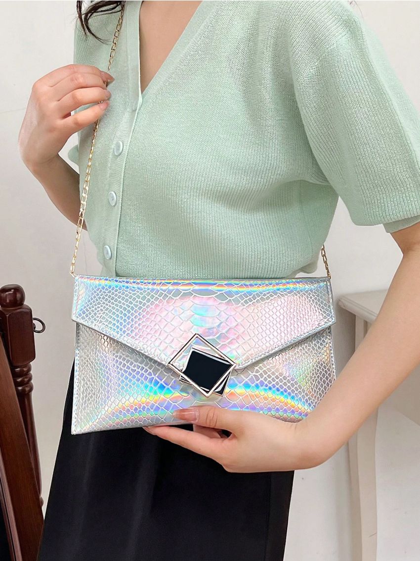Snakeskin Embossed Envelope Bag PU Holographic Funky