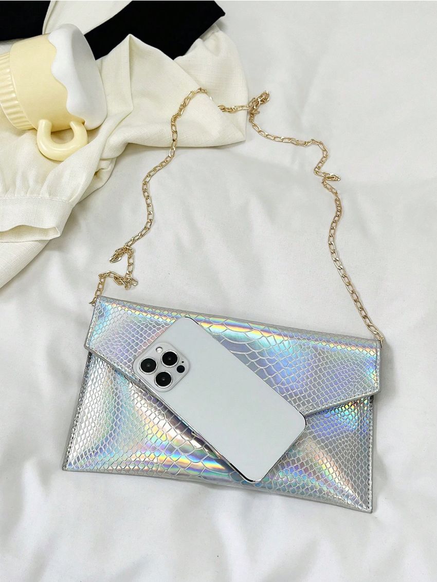Snakeskin Embossed Envelope Bag PU Holographic Funky