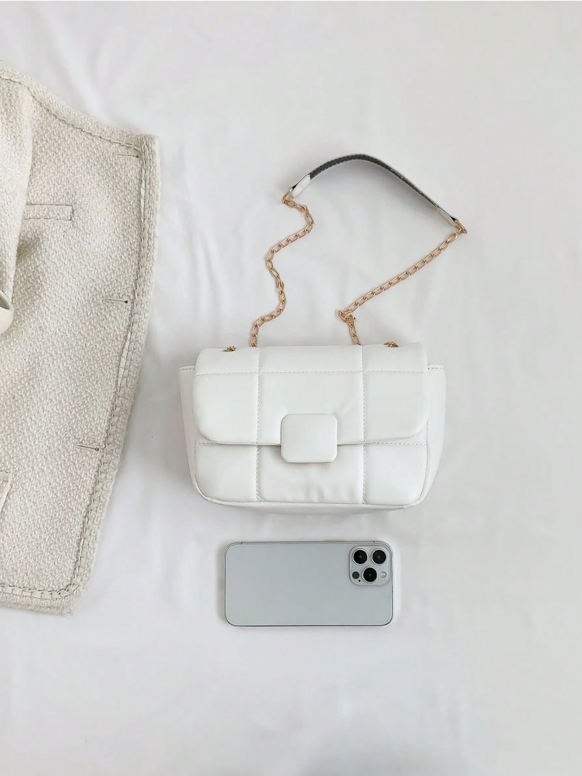 Quilted Square Bag Chain Strap PU Grommet Eyelet Detail Elegant