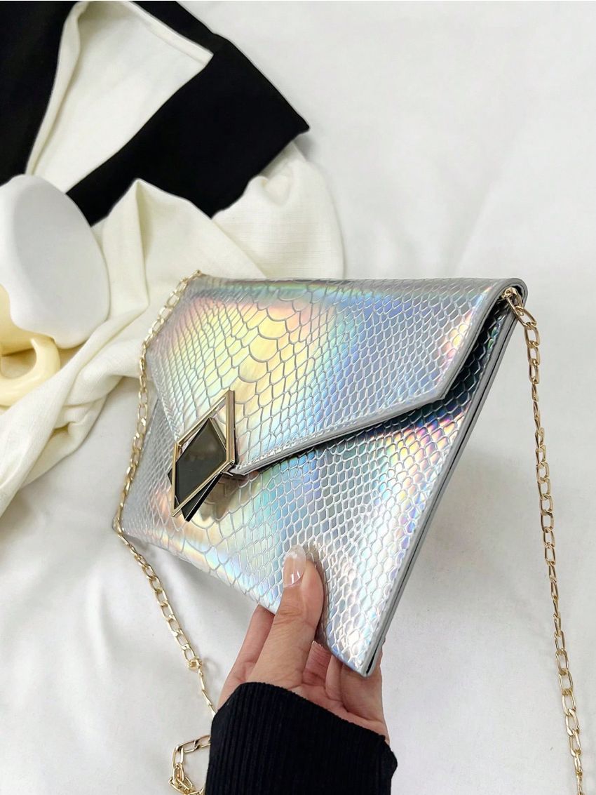 Snakeskin Embossed Envelope Bag PU Holographic Funky