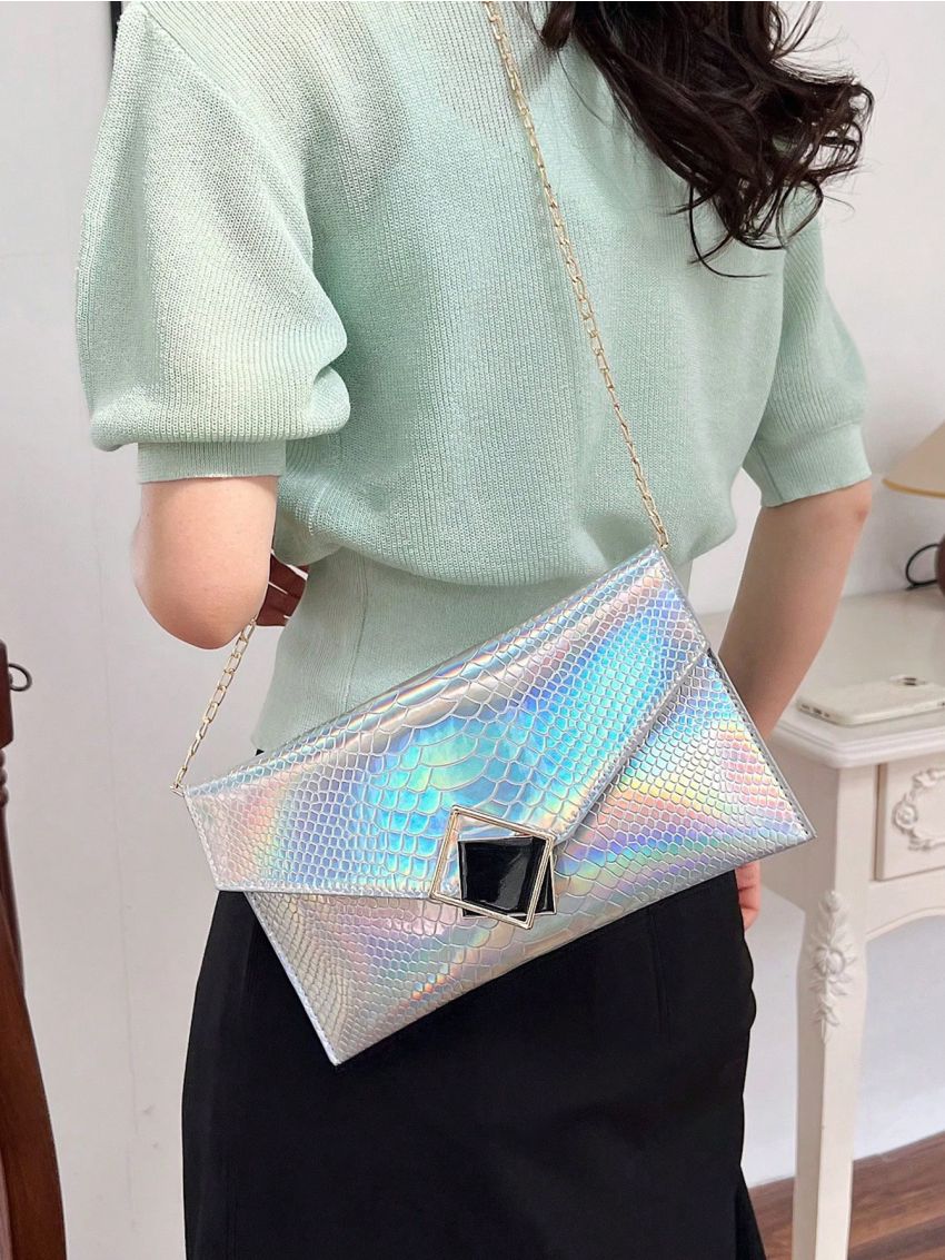 Snakeskin Embossed Envelope Bag PU Holographic Funky