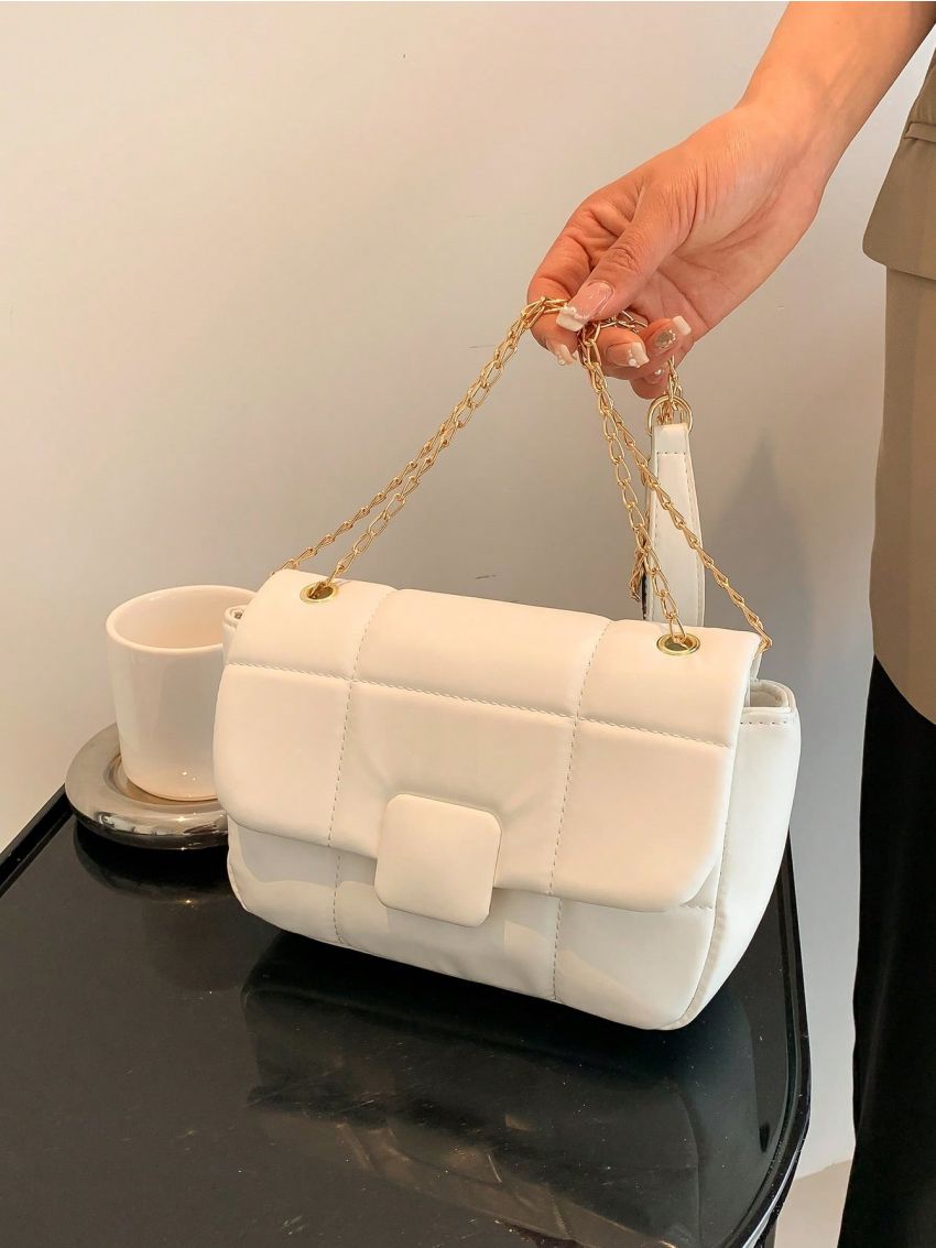 Quilted Square Bag Chain Strap PU Grommet Eyelet Detail Elegant