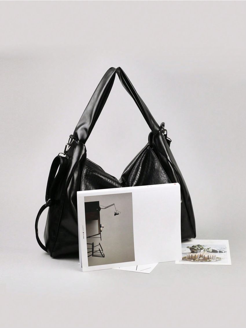 Crocodile Embossed Hobo Bag PU Black Elegant