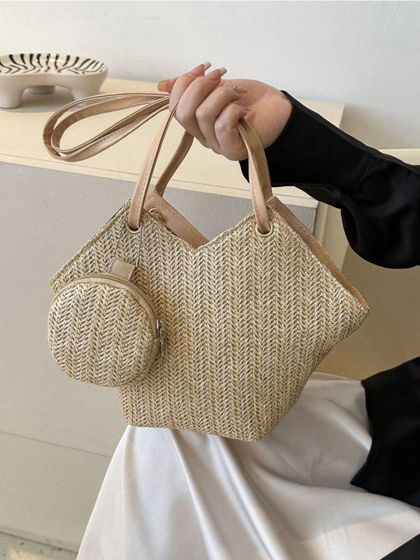 Embossed Detail Straw Bag With Coin Purse Vacation