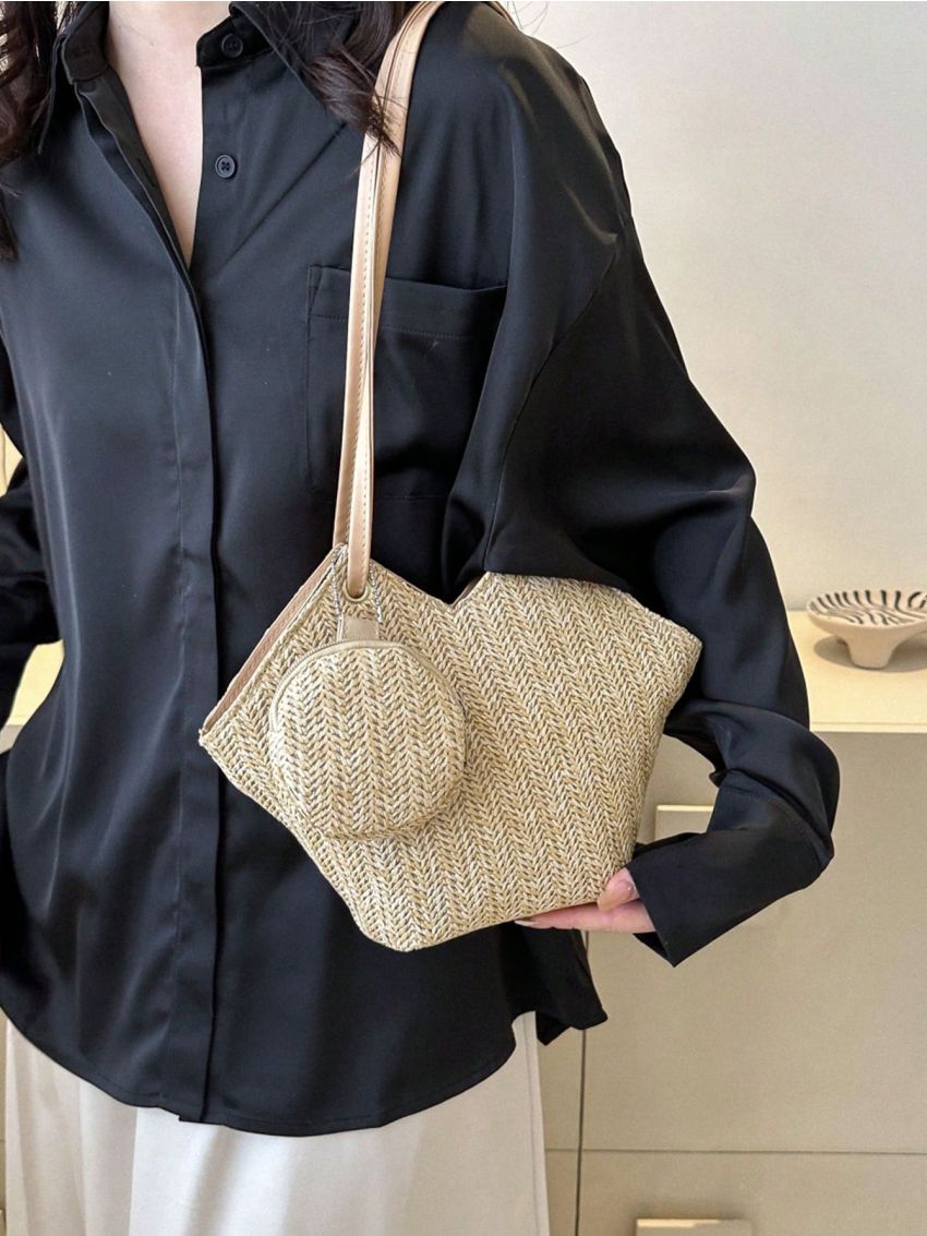 Embossed Detail Straw Bag With Coin Purse Vacation