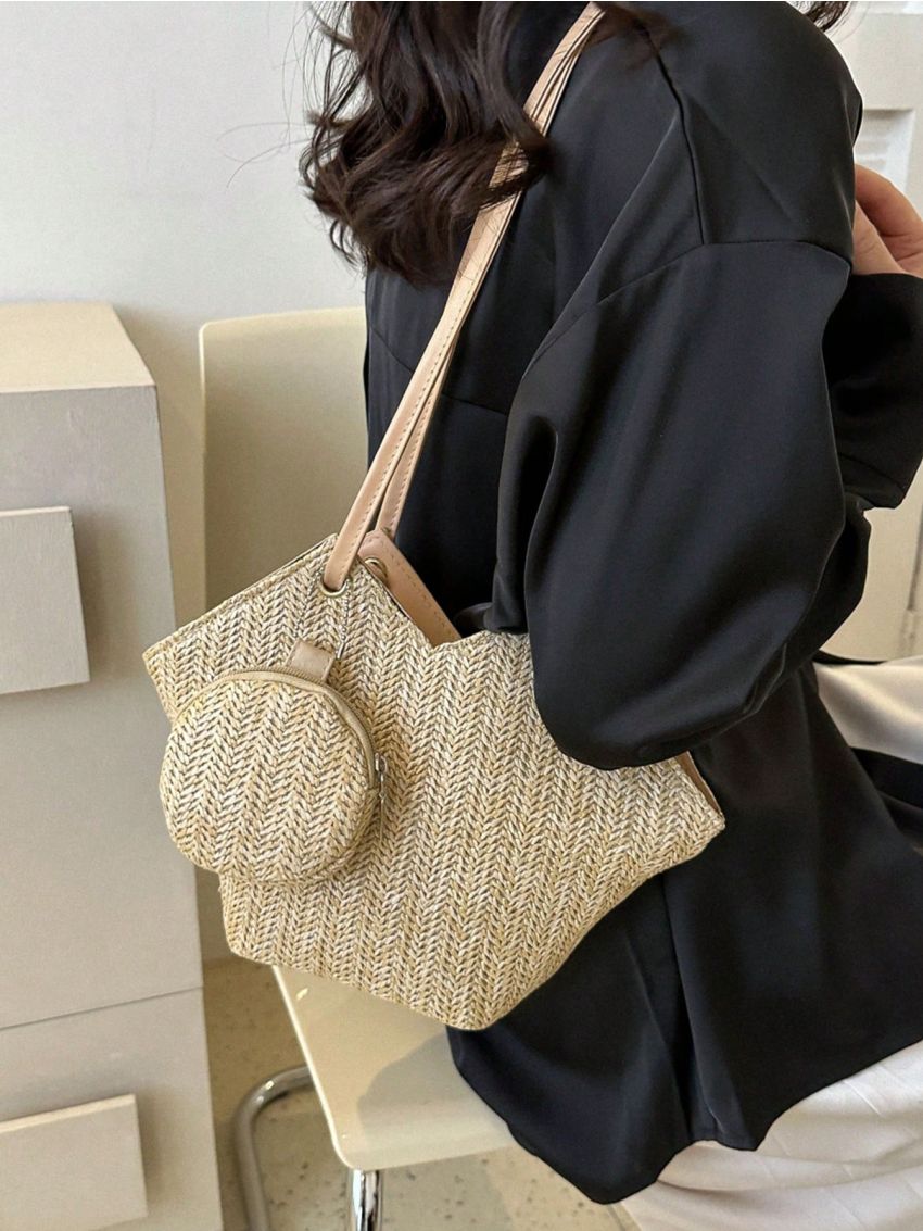 Embossed Detail Straw Bag With Coin Purse Vacation