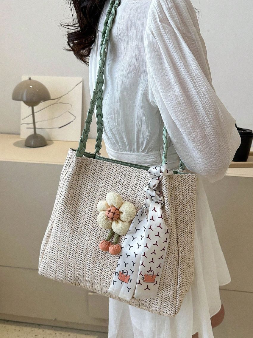 Flower & Twilly Scarf Decor Straw Bag Vacation
