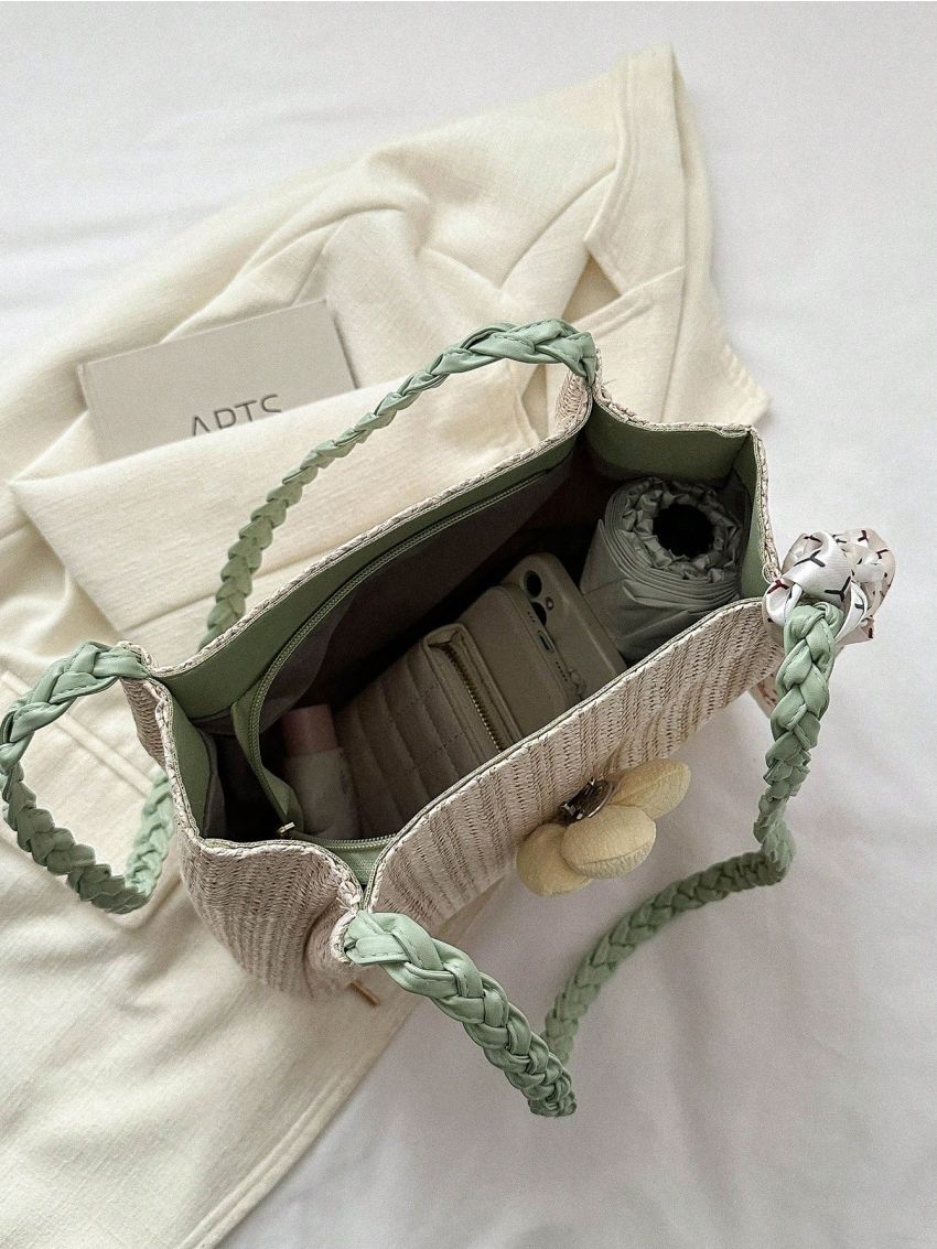 Flower & Twilly Scarf Decor Straw Bag Vacation
