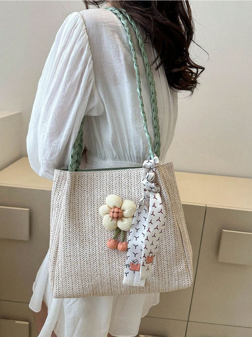 Flower & Twilly Scarf Decor Straw Bag Vacation