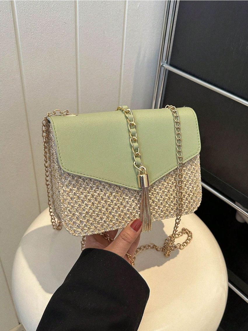 Two Tone Straw Bag Metal Tassel Decor Flap Chain Vacation