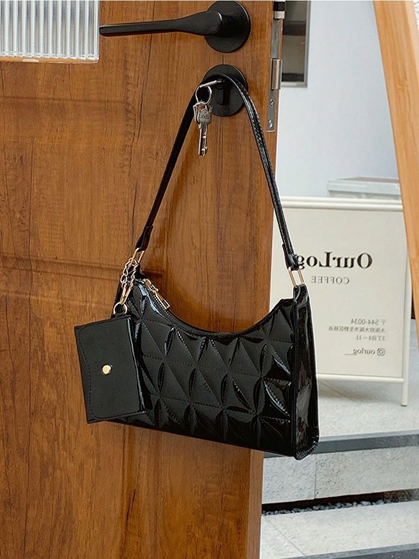 Quilted Detail Baguette Bag Zipper PU Elegant With Coin Purse