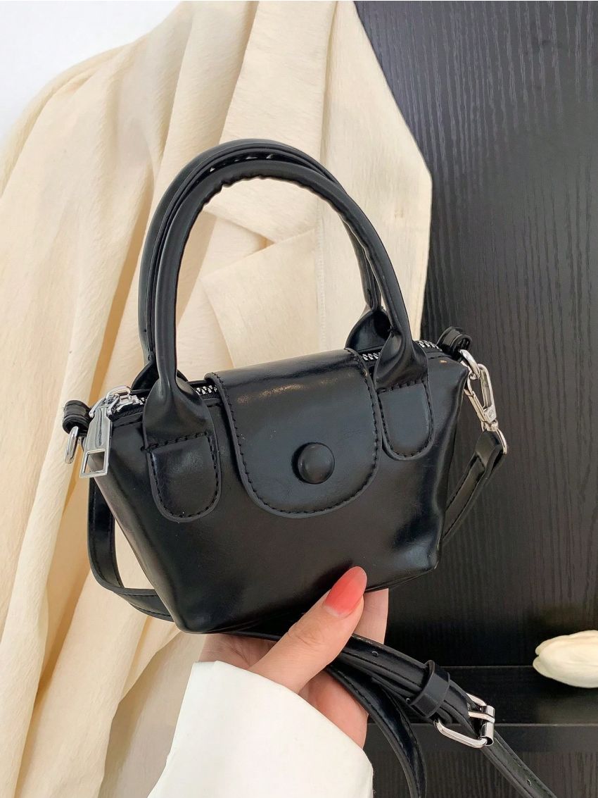 Mini Bucket Bag Double Handle Zipper Black PU Minimalist