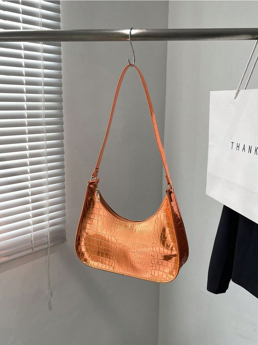 PU Hobo Bag Crocodile Print Zipper Orange Funky