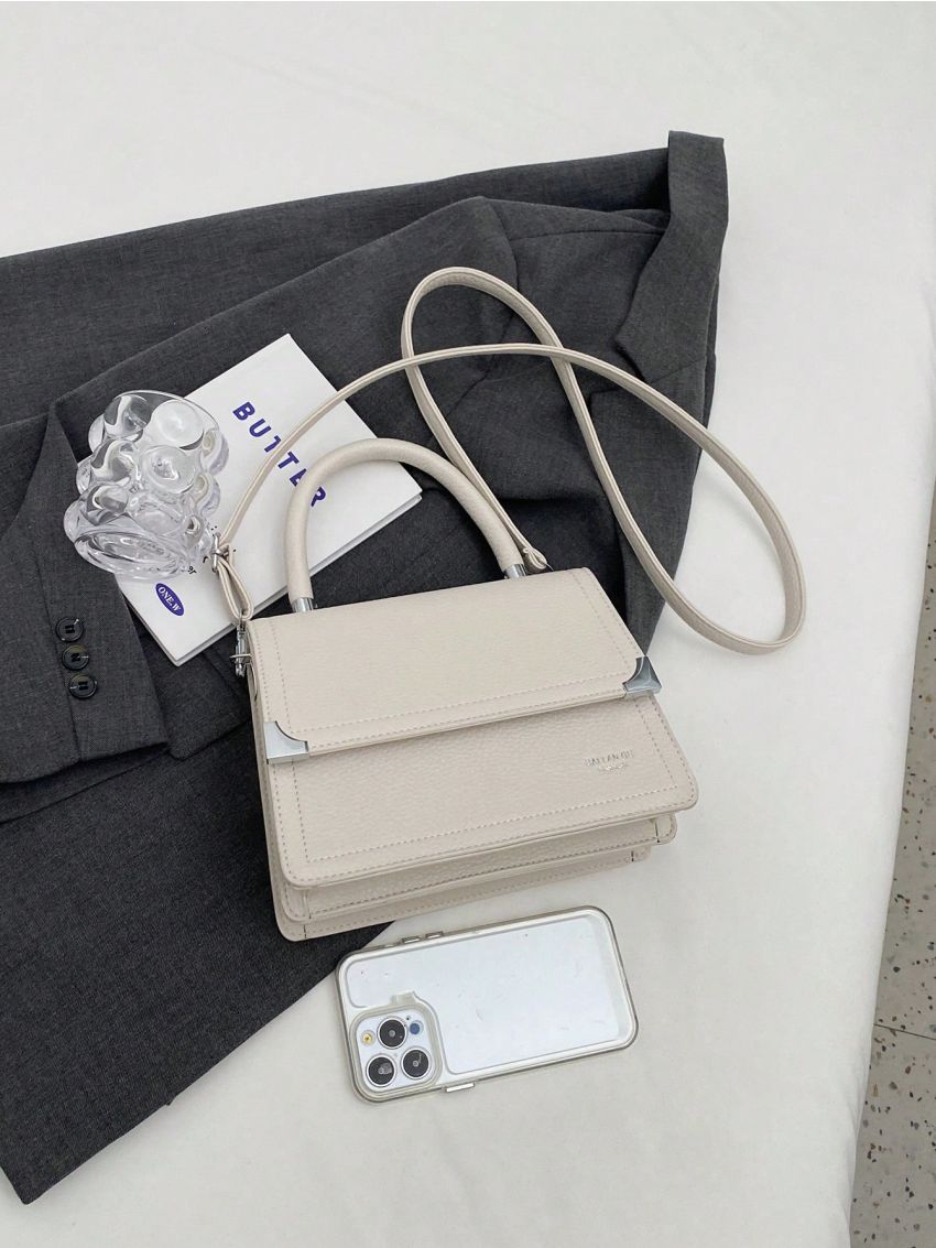 Small Square Bag Litchi Embossed Flap Adjustable Strap PU Fashionable