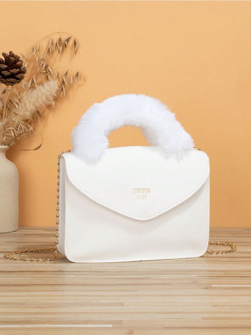 Mini Square Bag Fuzzy Decor Top Handle Flap PU Fashionable