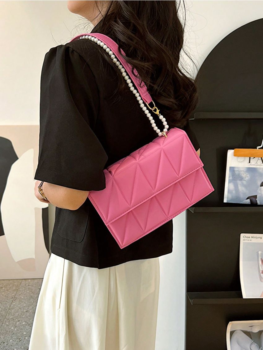 Mini Pink Quilted Faux Pearl Decor Flap Square Bag Fashion