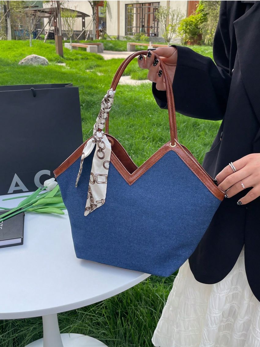 Twilly Scarf Decor Contrast Binding Shoulder Bag Fashion