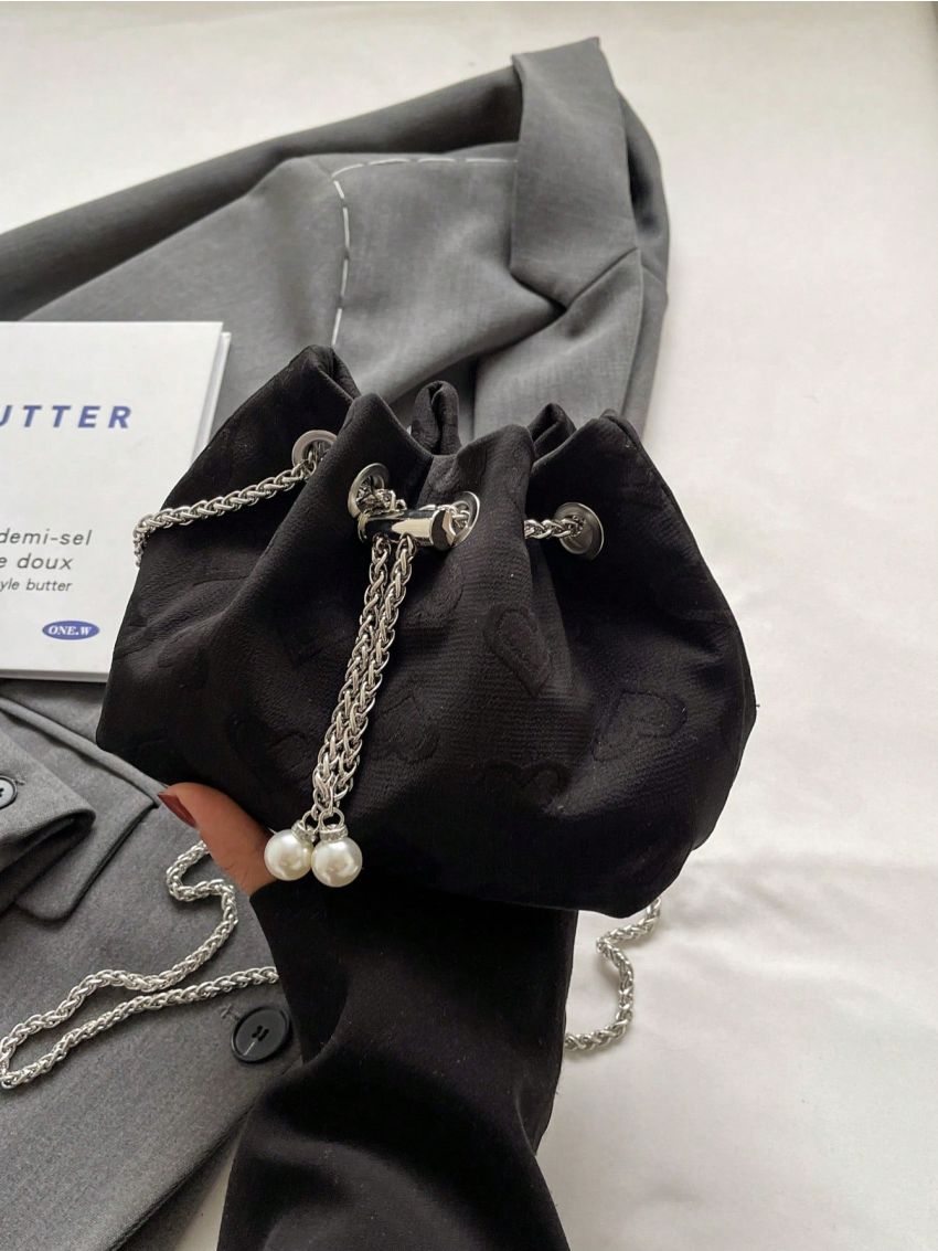 Mini Faux Pearl Decor Bucket Bag Fashion Black