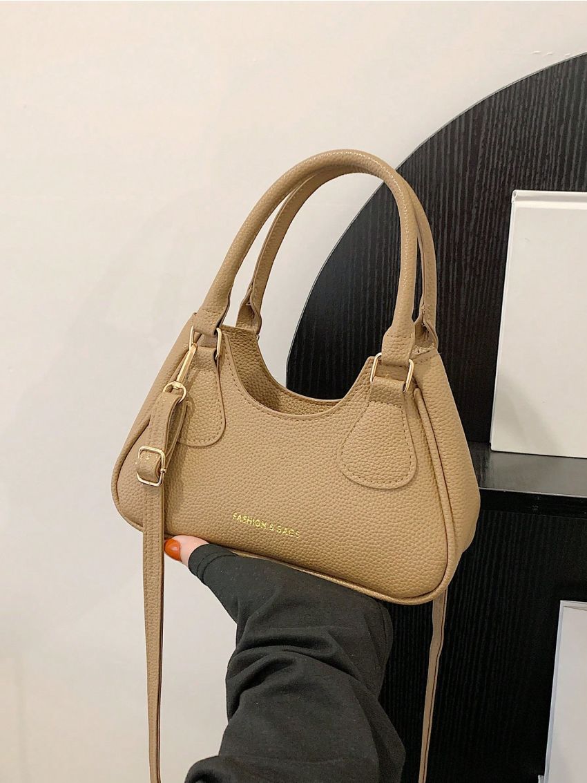 Letter Graphic Litchi Embossed Hobo Bag Fashion Khaki