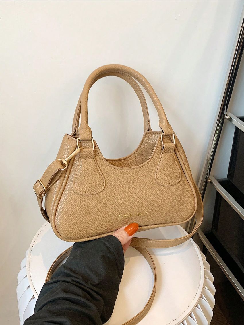 Letter Graphic Litchi Embossed Hobo Bag Fashion Khaki