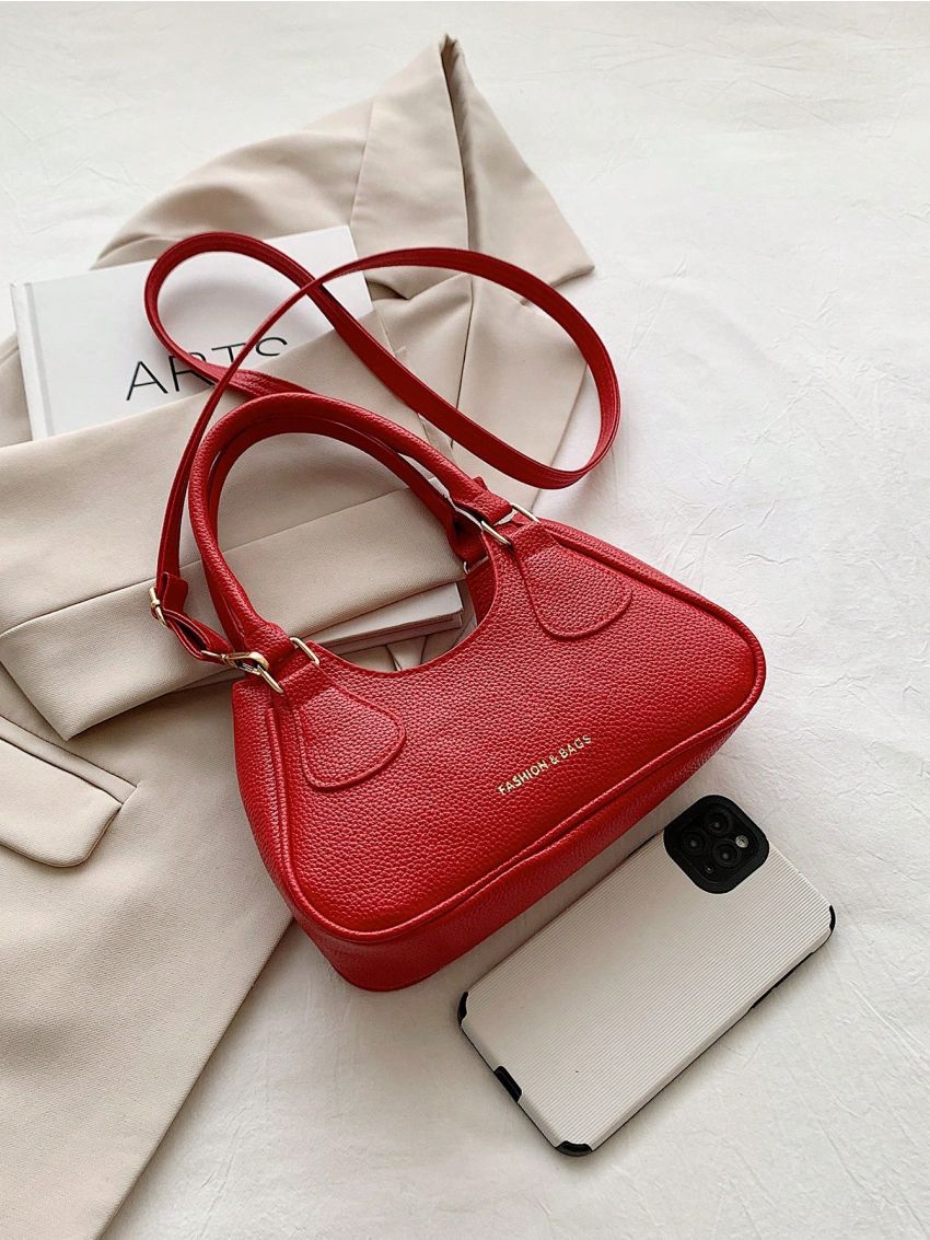 Letter Graphic Litchi Embossed Hobo Bag Fashion Khaki