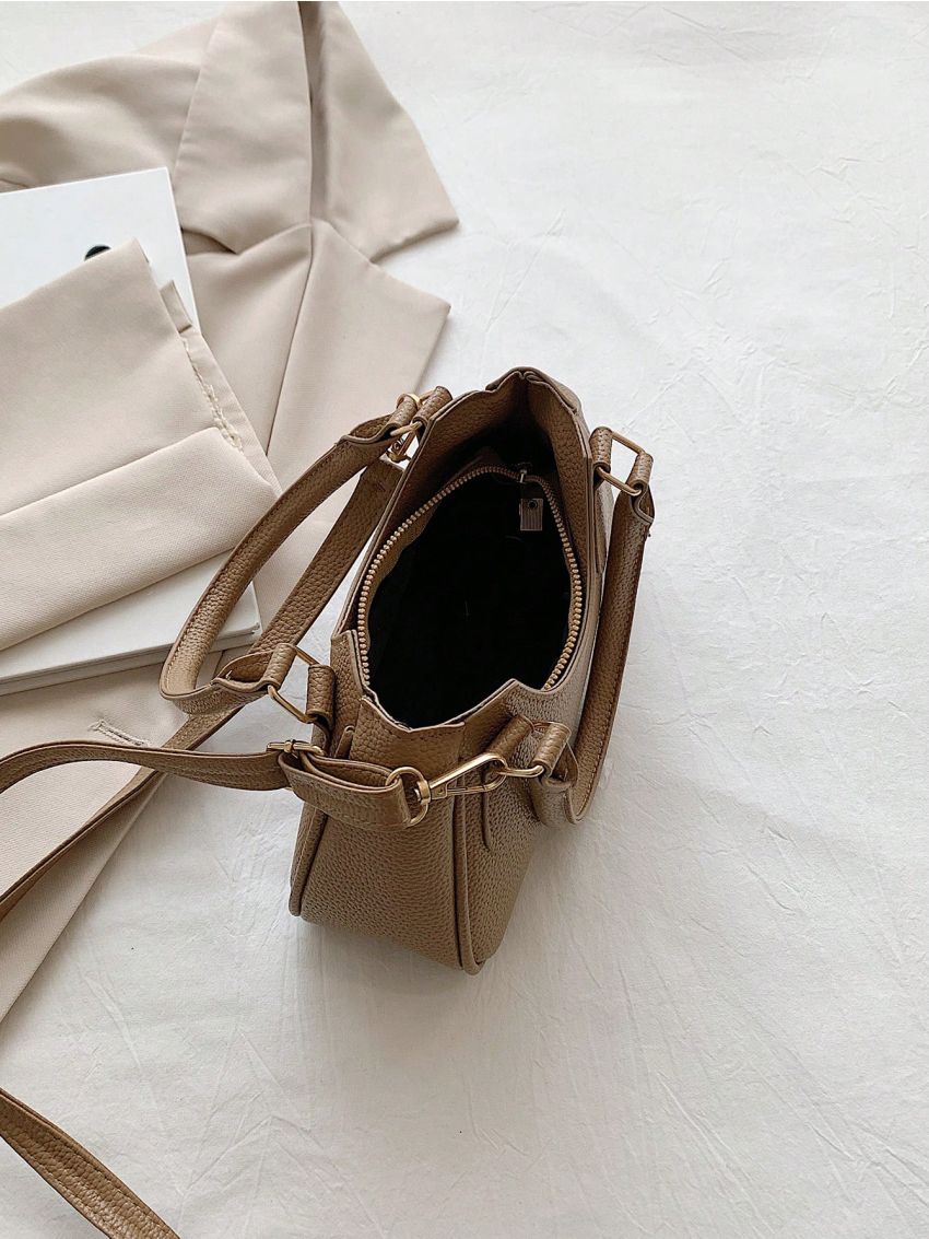 Letter Graphic Litchi Embossed Hobo Bag Fashion Khaki