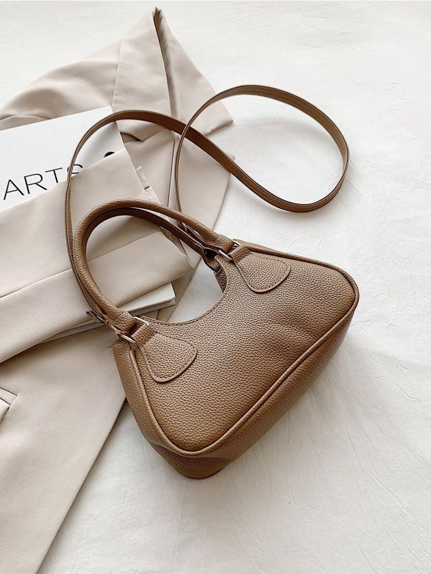 Letter Graphic Litchi Embossed Hobo Bag Fashion Khaki