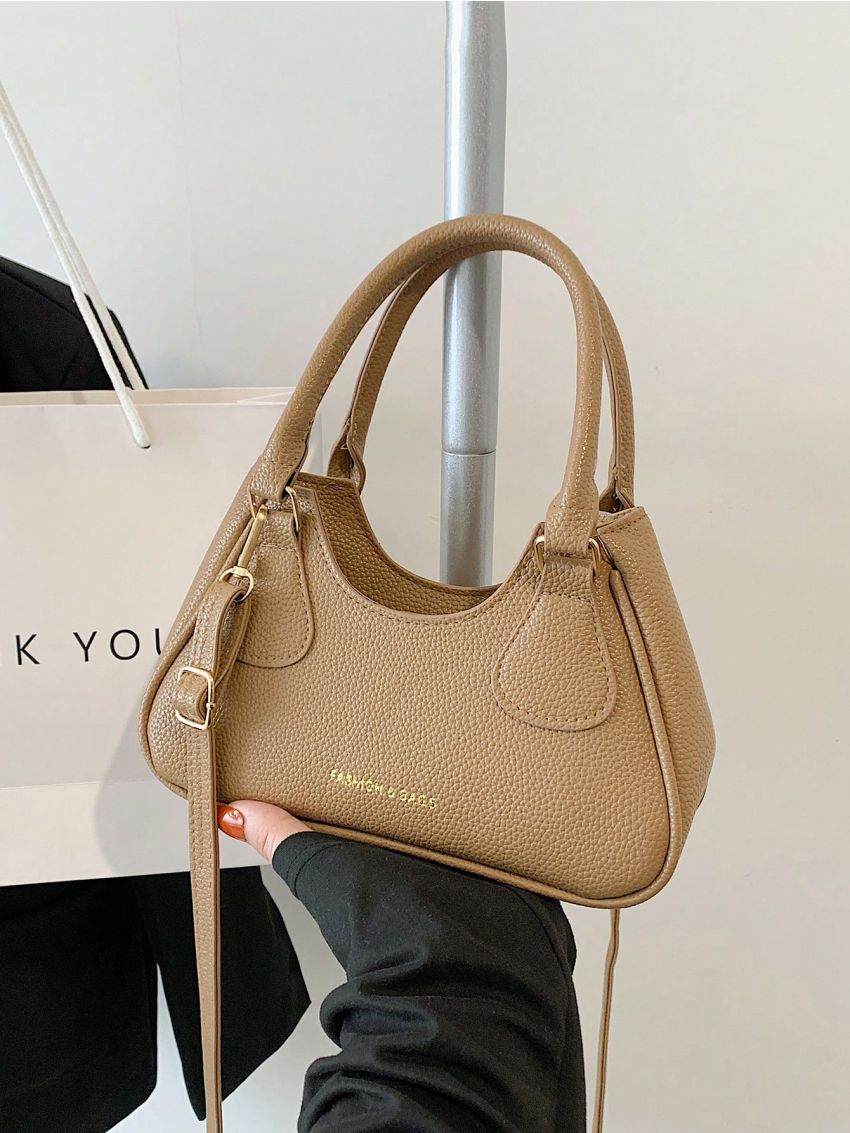 Letter Graphic Litchi Embossed Hobo Bag Fashion Khaki