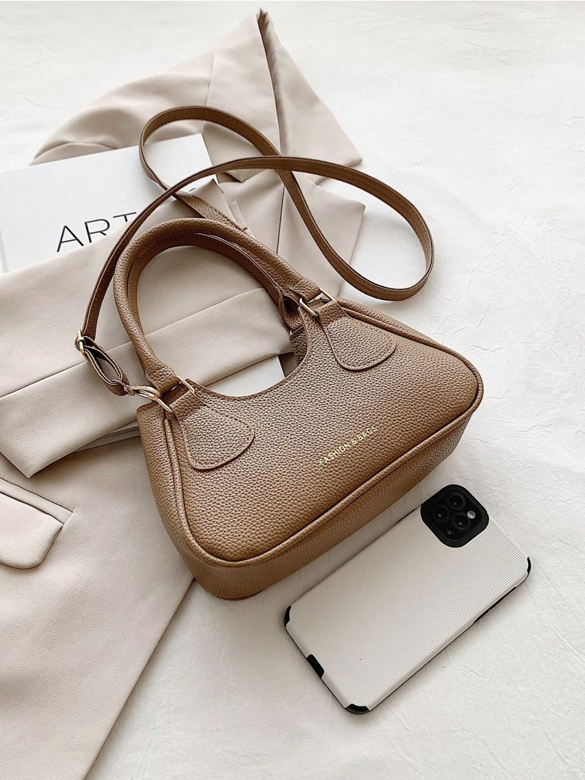 Letter Graphic Litchi Embossed Hobo Bag Fashion Khaki