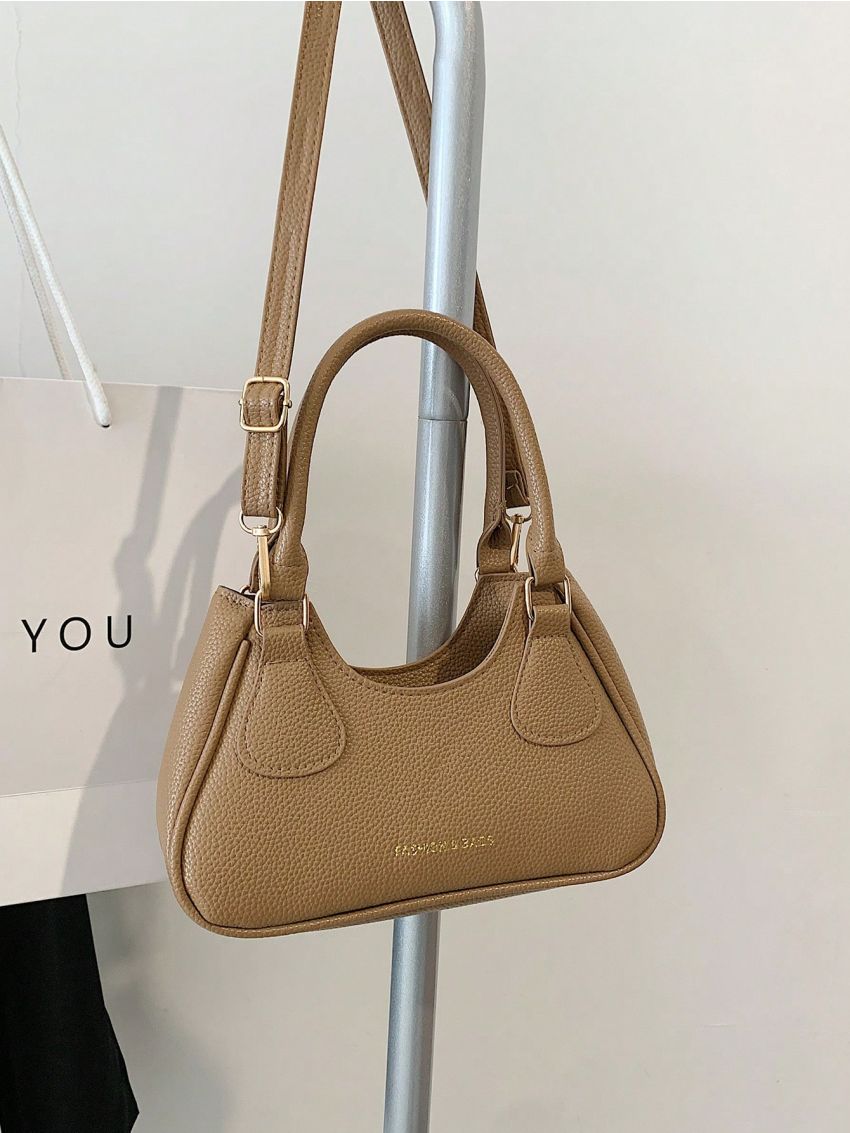 Letter Graphic Litchi Embossed Hobo Bag Fashion Khaki