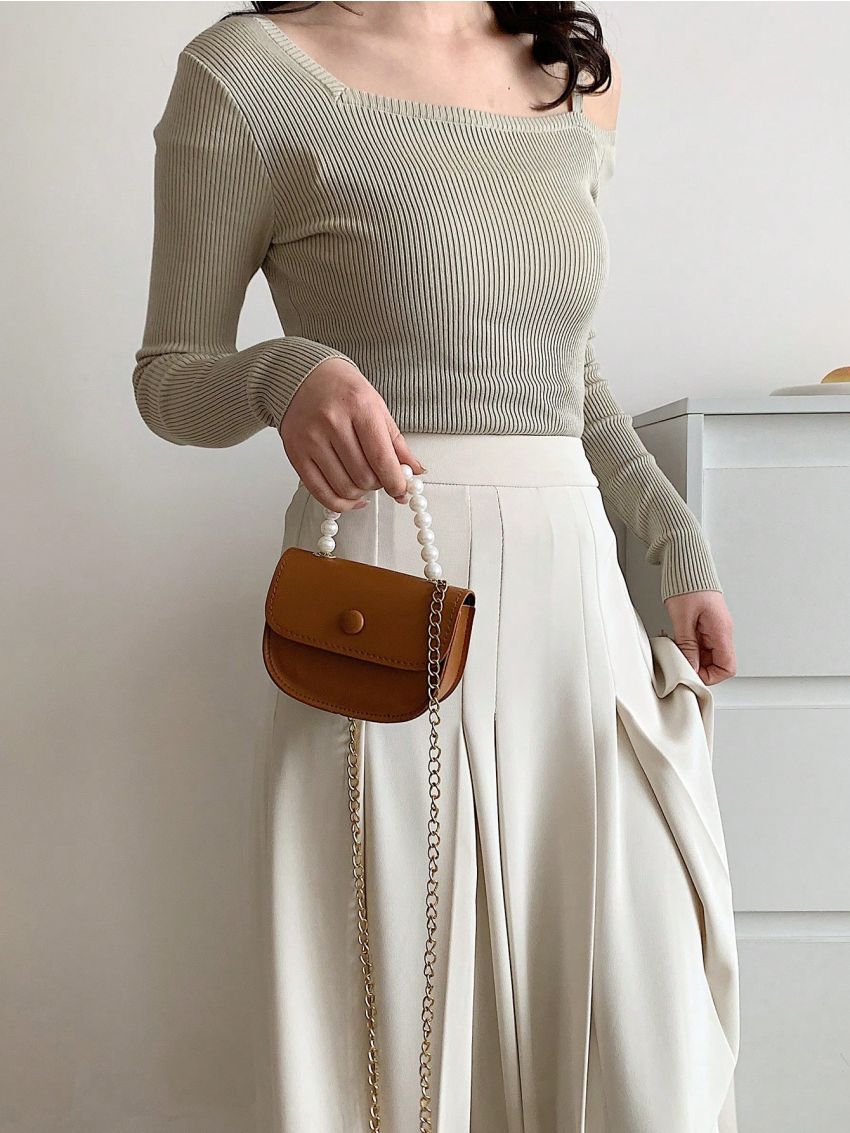 Mini Faux Pearl Decor Flap Saddle Bag Fashion Brown
