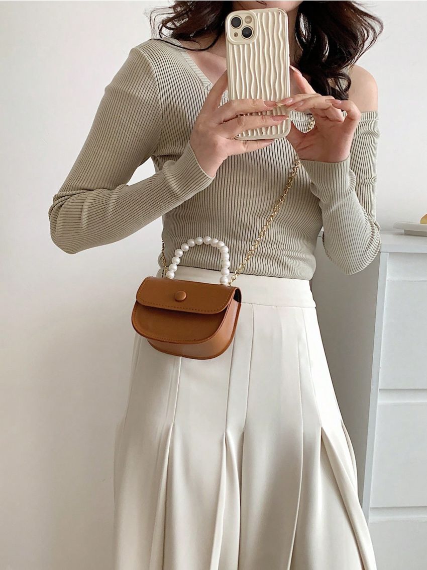 Mini Faux Pearl Decor Flap Saddle Bag Fashion Brown