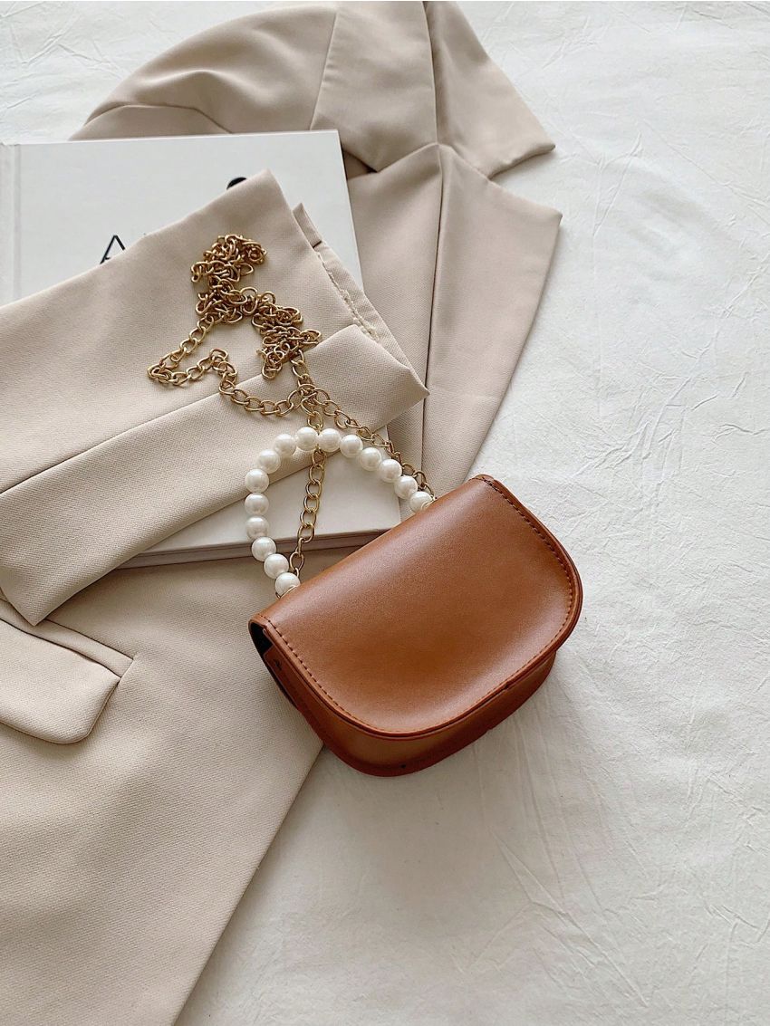 Mini Faux Pearl Decor Flap Saddle Bag Fashion Brown