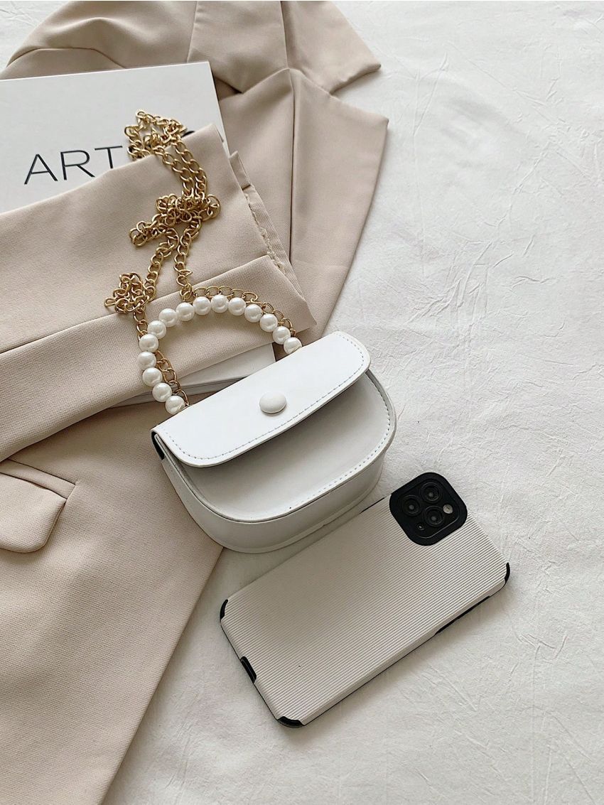 Mini Faux Pearl Decor Flap Saddle Bag Fashion Black