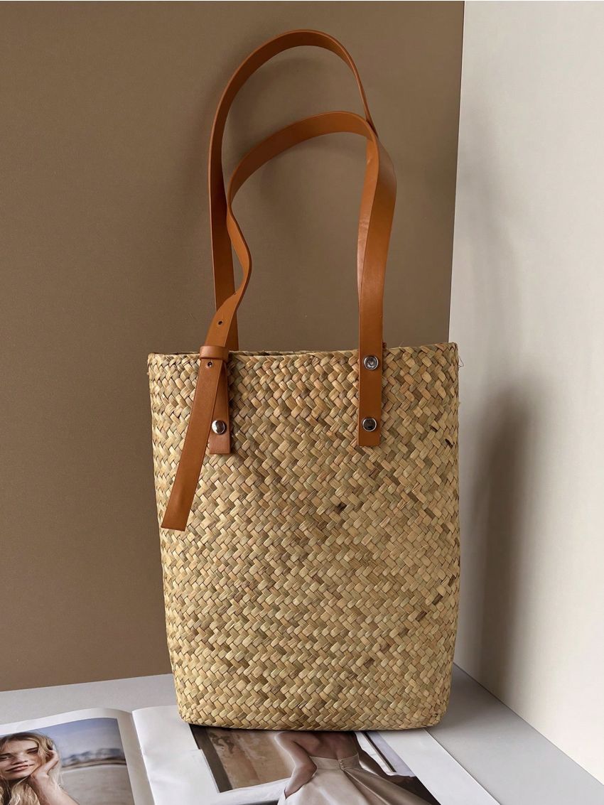 Minimalist Straw Bag Vacation Khaki For Summer