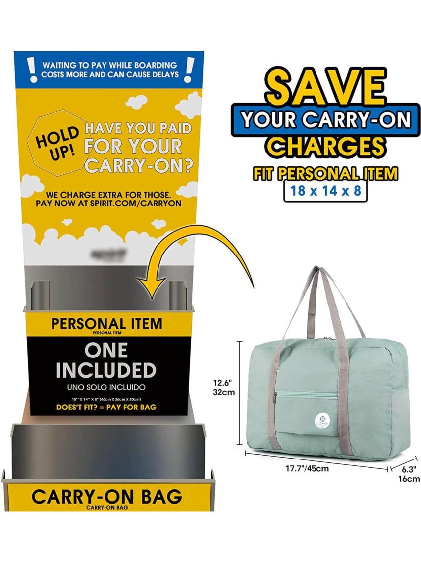 For Spirit Airlines Foldable Travel Duffel Bag Tote Carry on Luggage Sport Duffle Weekender Overnight for Women and Girls (Mint Green)