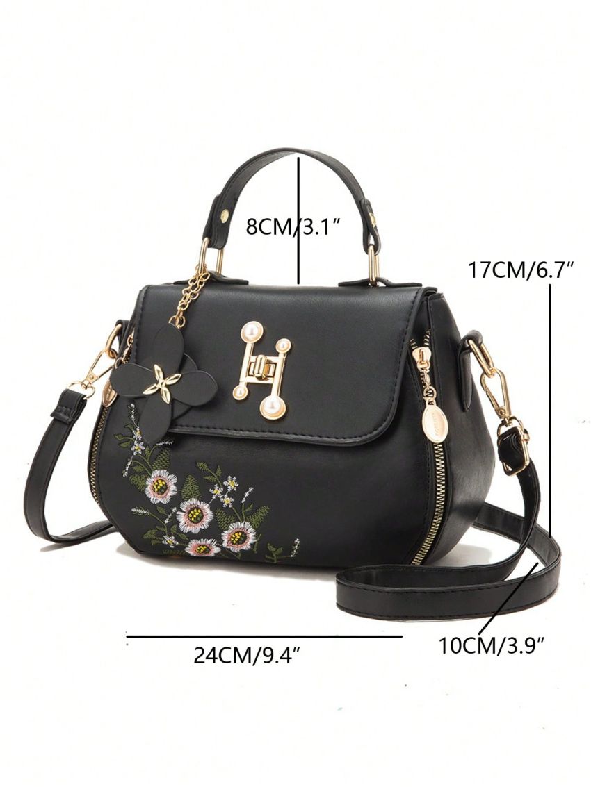 Floral Embroidered Bow & Faux Pearl Decor Flap Saddle Bag Fashion, Elegant For Office & Work