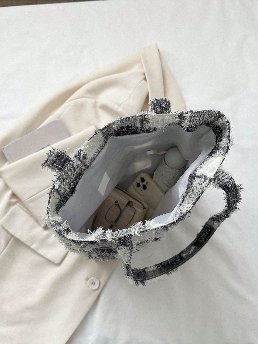 Plaid Pattern Raw Trim Shoulder Tote Bag Casual